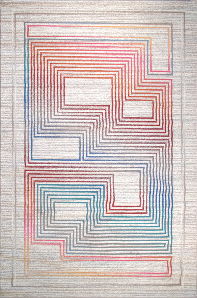 Contemporary wool carpet with a bold geometric design featuring layered multicolor lines in red, blue, orange, and pink on a neutral background, perfect for modern interiors.