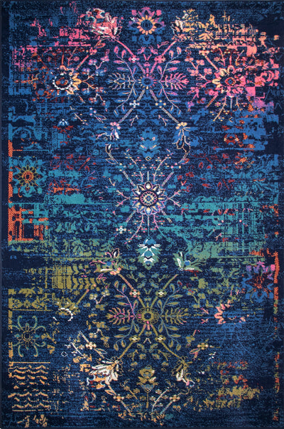 Luxurious wool carpet with a vibrant floral design in bold shades of blue, pink, and green, adding a dramatic and artistic touch to any interior space