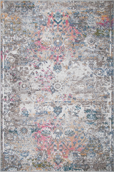Elegant wool carpet with a distressed floral design featuring intricate patterns in pink, blue, grey, and gold tones, ideal for adding a vintage charm to any space.