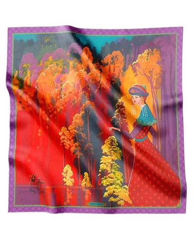 Elegant silk scarf with a vibrant forest scene featuring a traditional figure in a red dress, surrounded by autumnal hues of orange, yellow, and purple