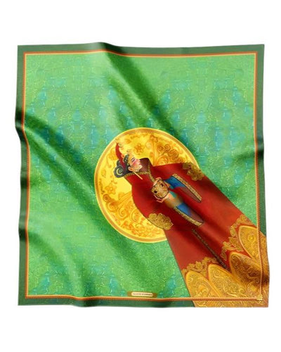 Luxurious silk scarf featuring a traditional Mongolian design with vibrant colors, intricate golden patterns, and a central figure on a green background.