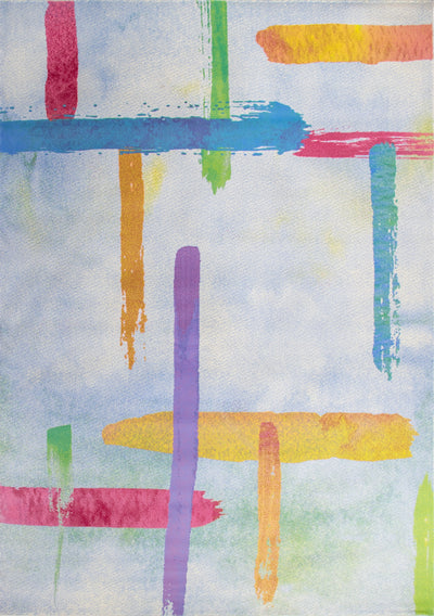 Vibrant wool carpet with abstract brushstroke patterns in bold colors like blue, green, red, yellow, and purple, perfect for adding a modern artistic touch to any space