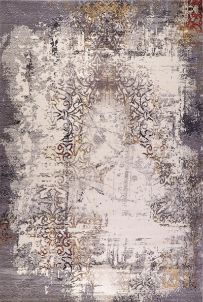 Luxurious wool carpet with a distressed design featuring soft tones of grey, beige, and gold and red perfect for adding elegance to any room.