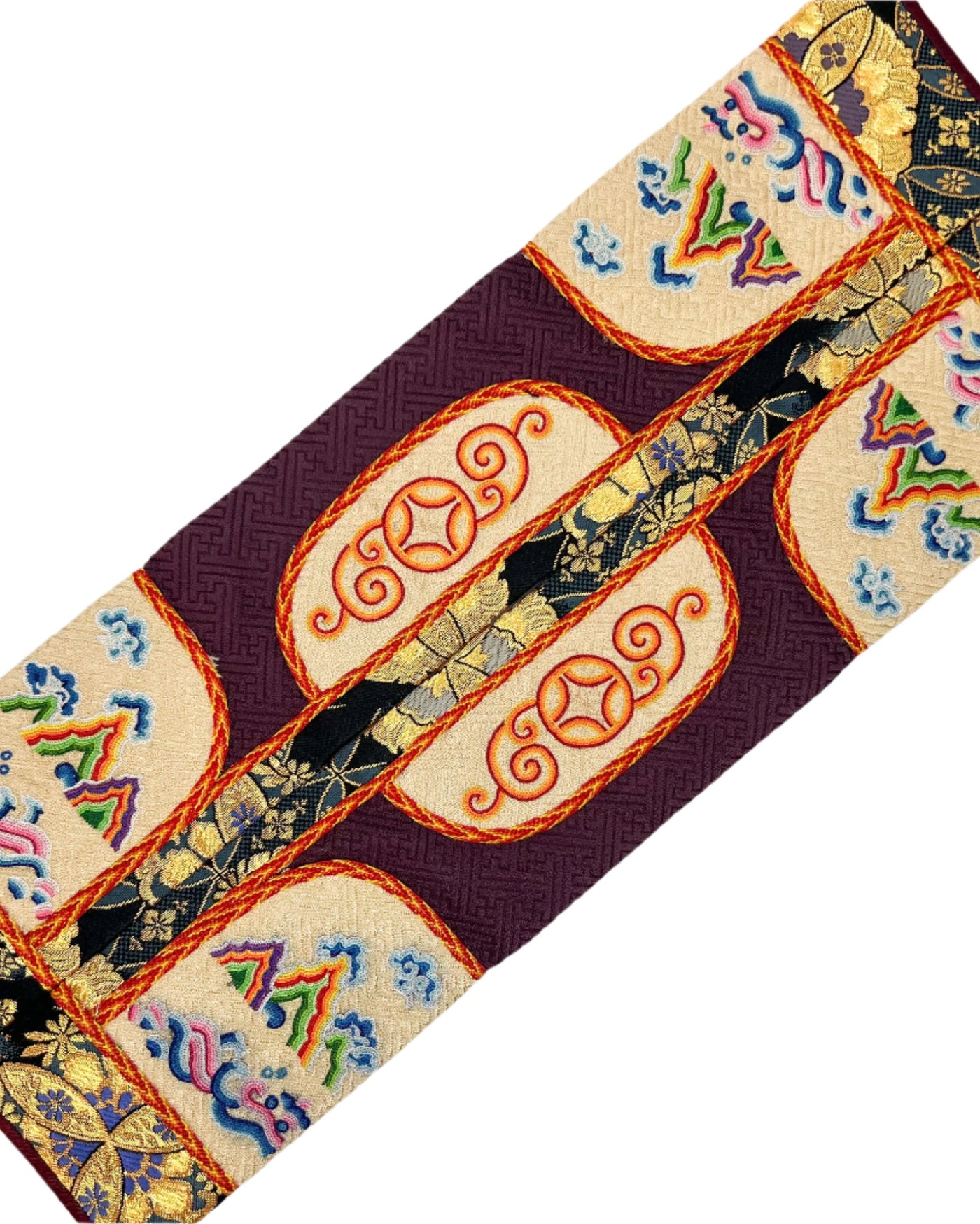 The 12 Zodiac Animals, Stallion Wrestling, Mountains, Clouds, and River are intricately embroidered. The design is finished with fishbone stitching and double-layered coin braid stitching for decoration on a burgundy and beige silk.