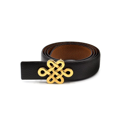 Reversible black and brown leather belt featuring a gold Ulzii knot buckle, symbolizing harmony and tradition.
