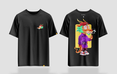 Choi Hainzan black t-shirt with a colorful dragon illustration and modern streetwear-inspired design.