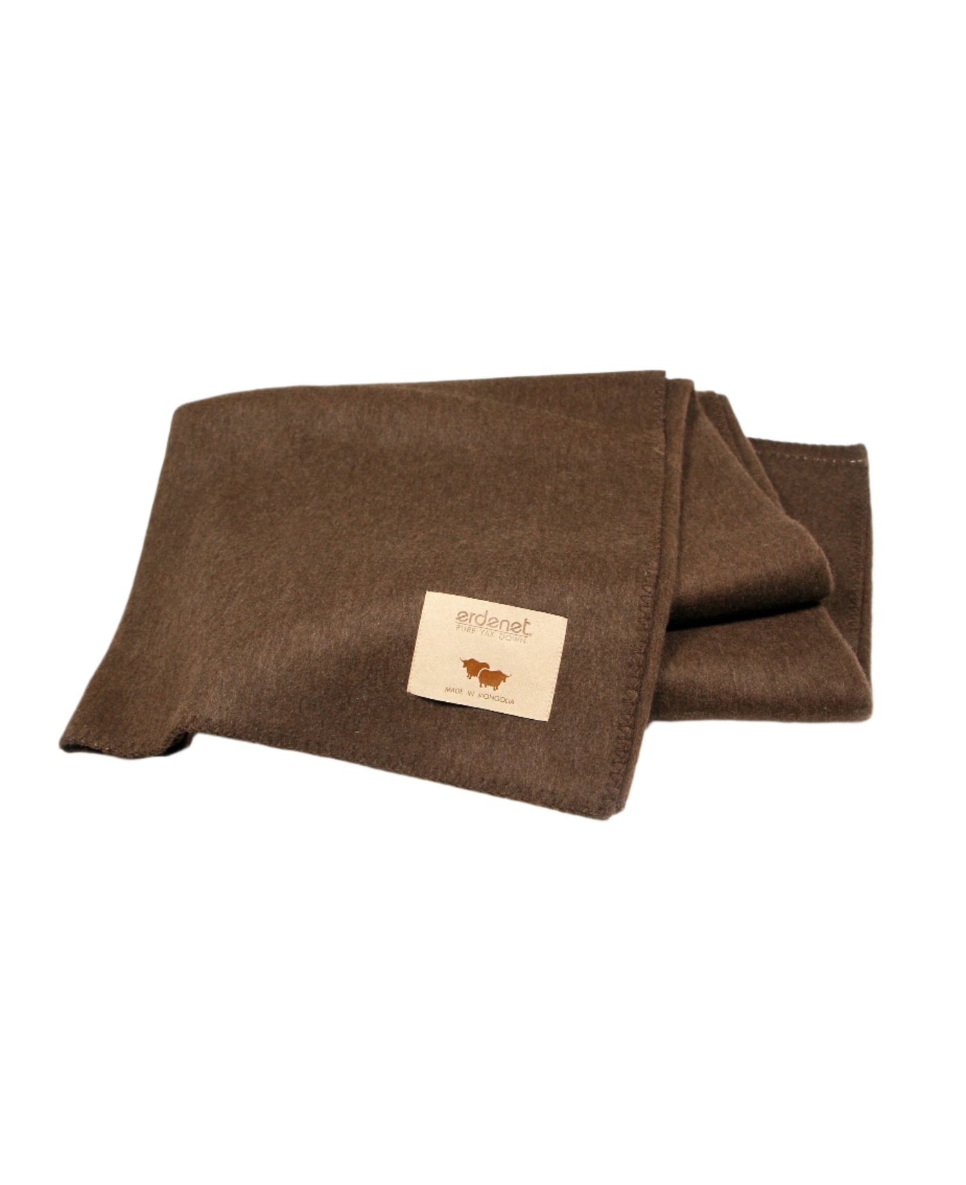 Brown yak wool blanket with stitched edging, made in Mongolia, offering warmth, softness, and sustainability.