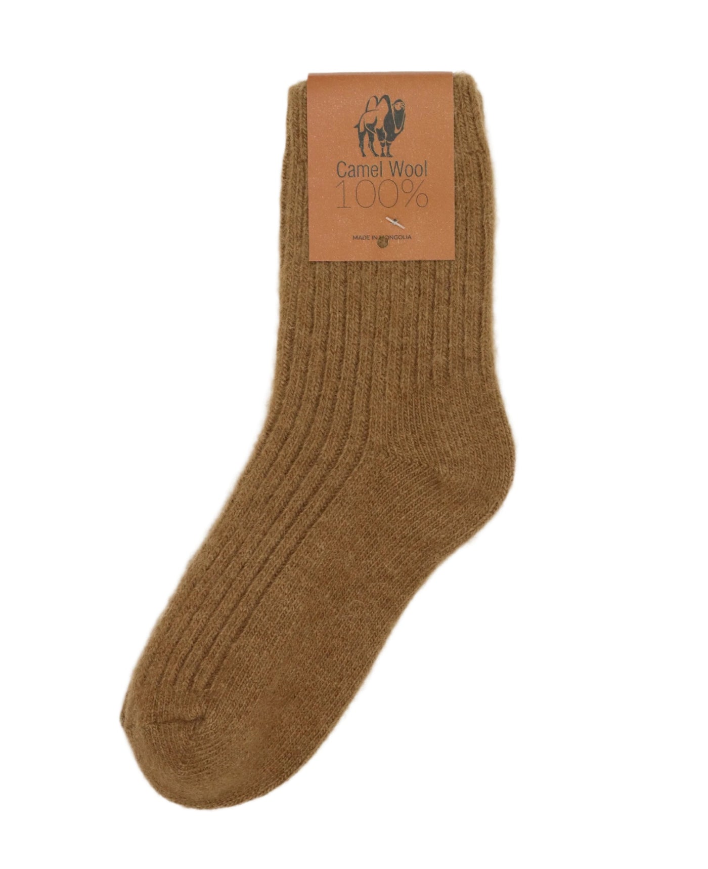 Natural camel wool socks in orange brown, ribbed texture, made from 100% Mongolian wool
