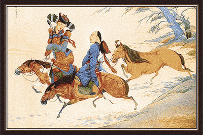 Traditional East Asian artwork of two people riding horses, dressed in detailed historical attire, showcasing cultural heritage and artistry