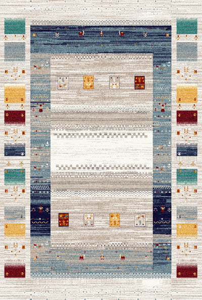 Rectangular rug with a white center, bordered by colorful geometric patterns and small animal motifs in red, orange, yellow, and blue