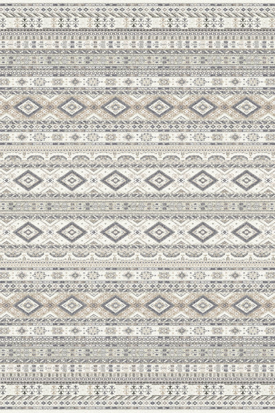 A carpet featuring a detailed geometric pattern in shades of grey, beige, and white, with repeating diamond and linear motifs.