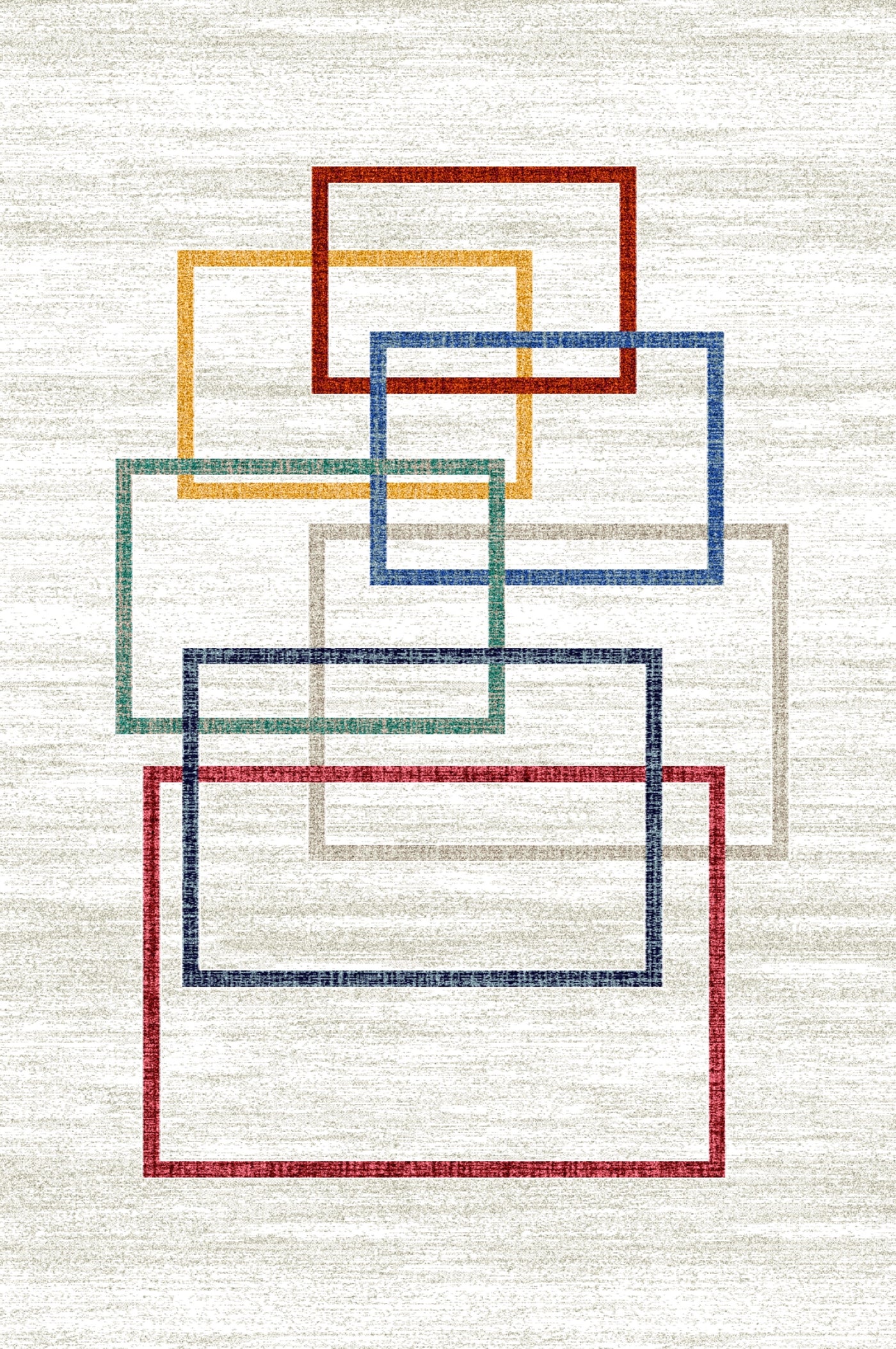 A modern carpet featuring a design with overlapping rectangular outlines in various colors including red, blue, green, yellow, and beige, set against a light beige background.