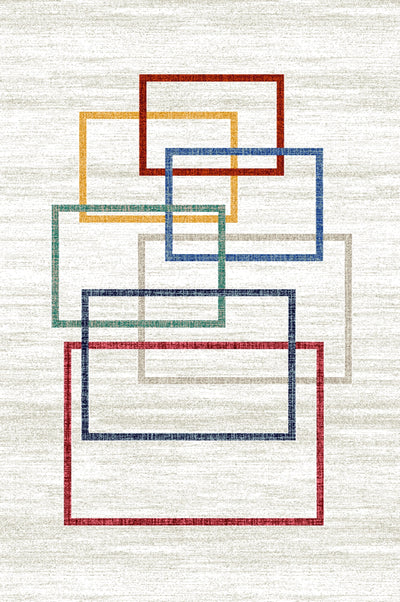 A modern carpet featuring a design with overlapping rectangular outlines in various colors including red, blue, green, yellow, and beige, set against a light beige background.