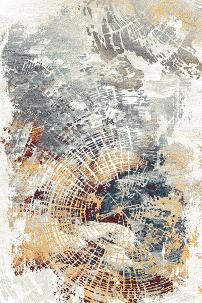 A modern carpet featuring an abstract design with circular patterns and distressed textures in various colors including grey, white, and touches of orange and red.