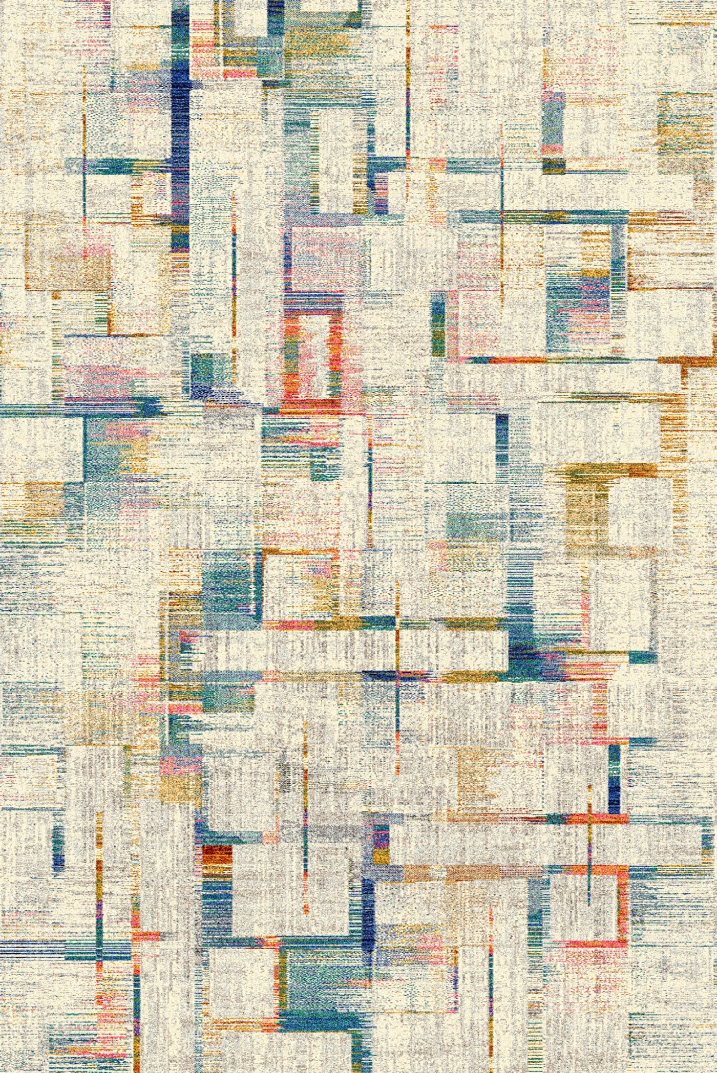 A modern carpet featuring an abstract design with overlapping rectangular and linear patterns in various colors including blue, green, red, and beige, set against a light beige background