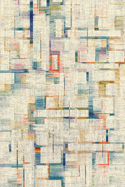 A modern carpet featuring an abstract design with overlapping rectangular and linear patterns in various colors including blue, green, red, and beige, set against a light beige background