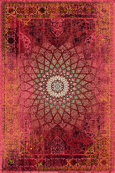 Traditional wool carpet with a vibrant Persian-inspired design featuring intricate floral and geometric mandala patterns in rich red, and yellow tones.