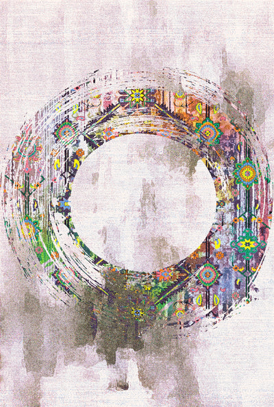 A carpet featuring an abstract design with a circular motif, colorful patterns in shades of green, blue, yellow, and orange, set against a textured beige background.