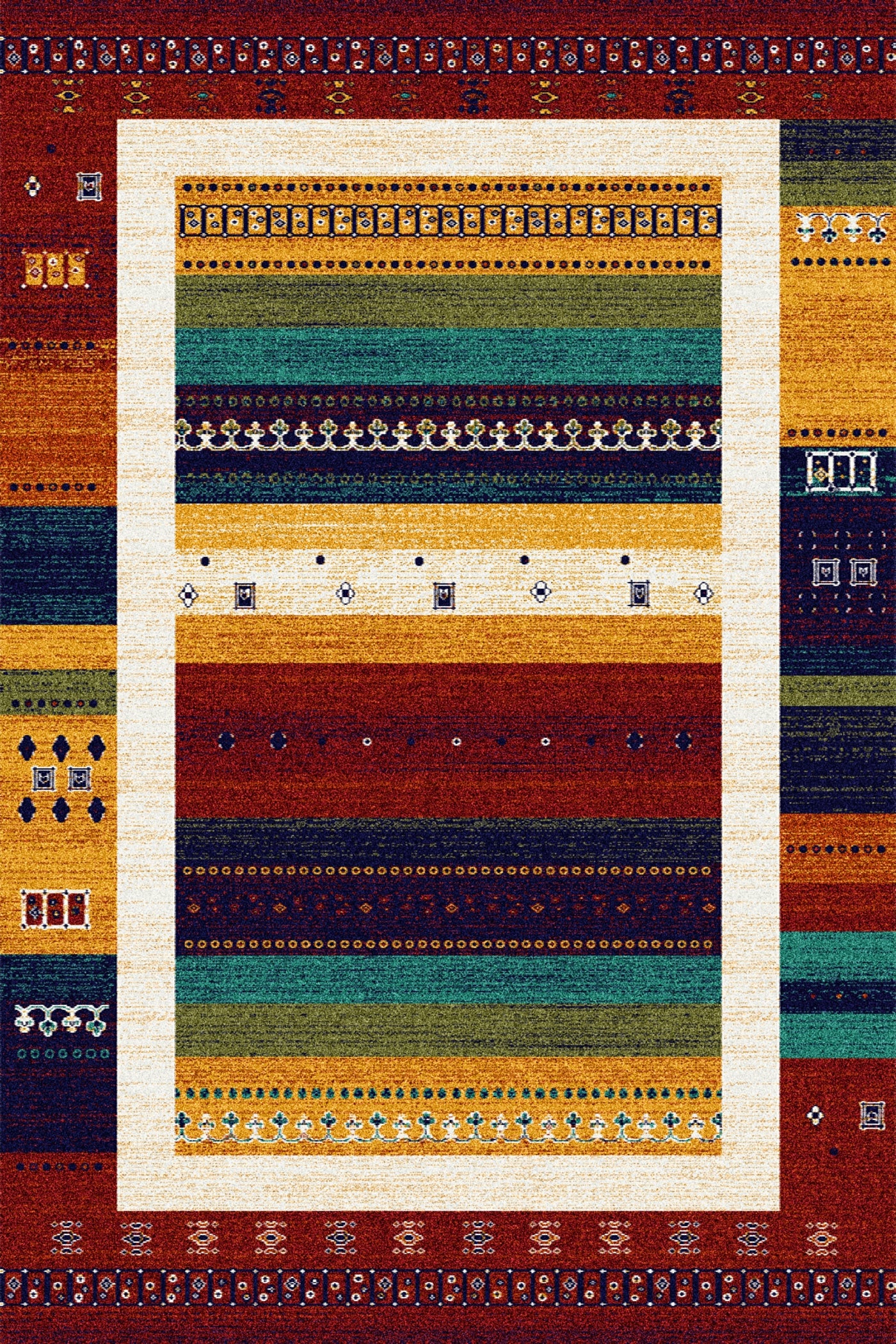 Traditional wool carpet featuring vibrant geometric patterns and tribal motifs in earthy red, yellow, blue, orange, green and white tones, perfect for rustic or bohemian interiors.