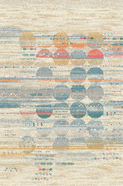 Rug with abstract circular patterns in muted colors and intricate horizontal stripes