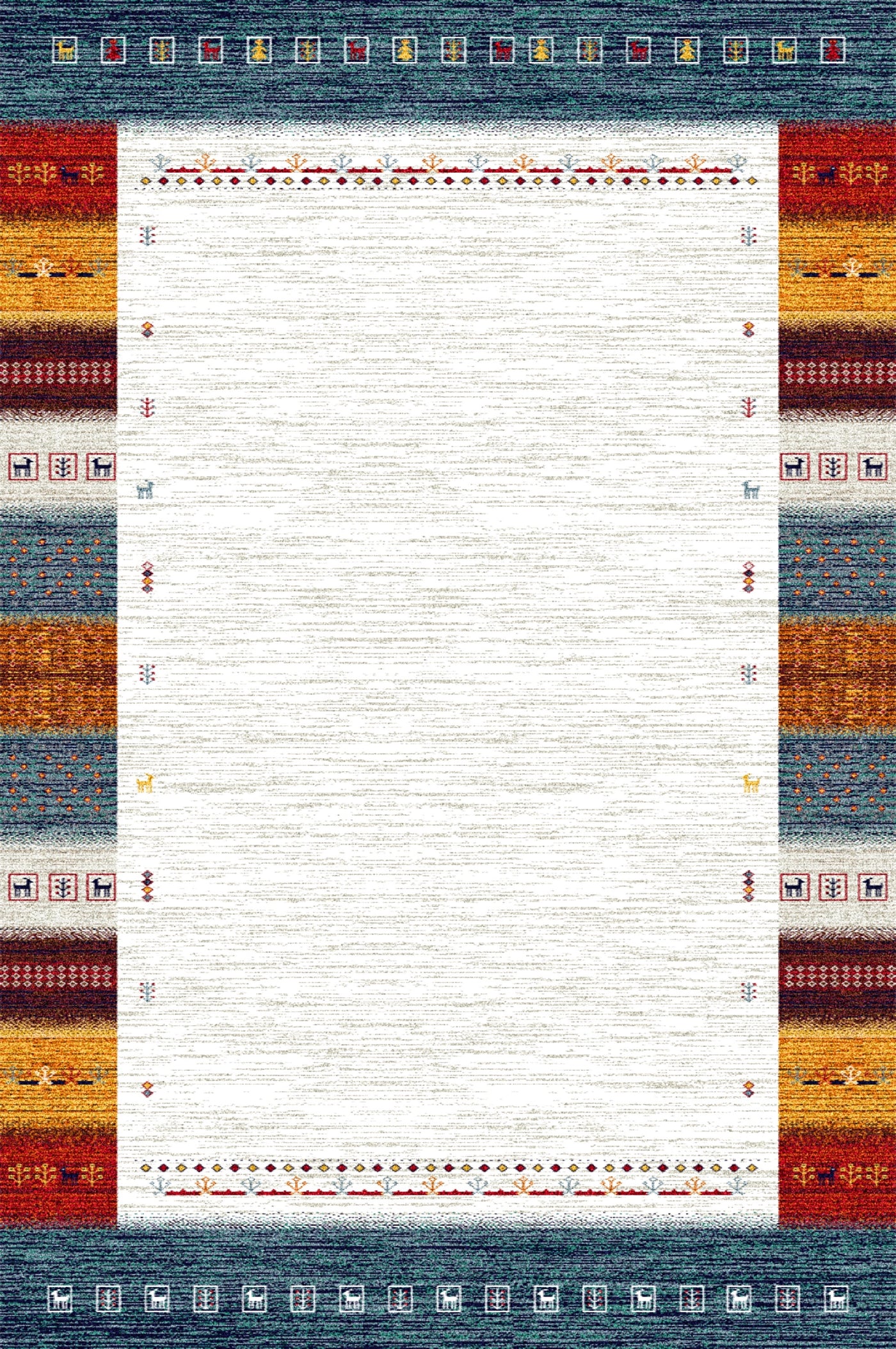 Rectangular rug with a white center, bordered by colorful geometric patterns and small animal motifs in red, orange, yellow, and blue