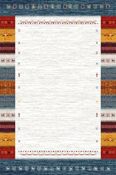 Rectangular rug with a white center, bordered by colorful geometric patterns and small animal motifs in red, orange, yellow, and blue