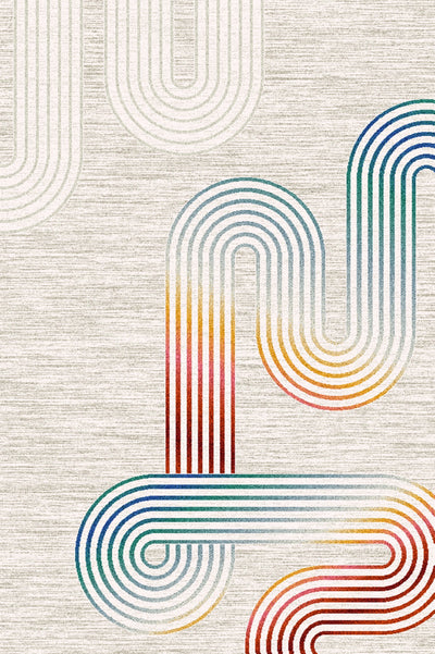 A modern carpet featuring a design with curved lines forming interconnected patterns in various colors including blue, green, yellow, red, and beige, set against a light beige background