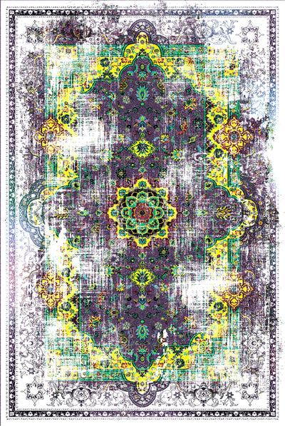 Traditional wool carpet with a vibrant Persian-inspired design featuring intricate floral and geometric patterns in rich purple, yellow, and green tones.