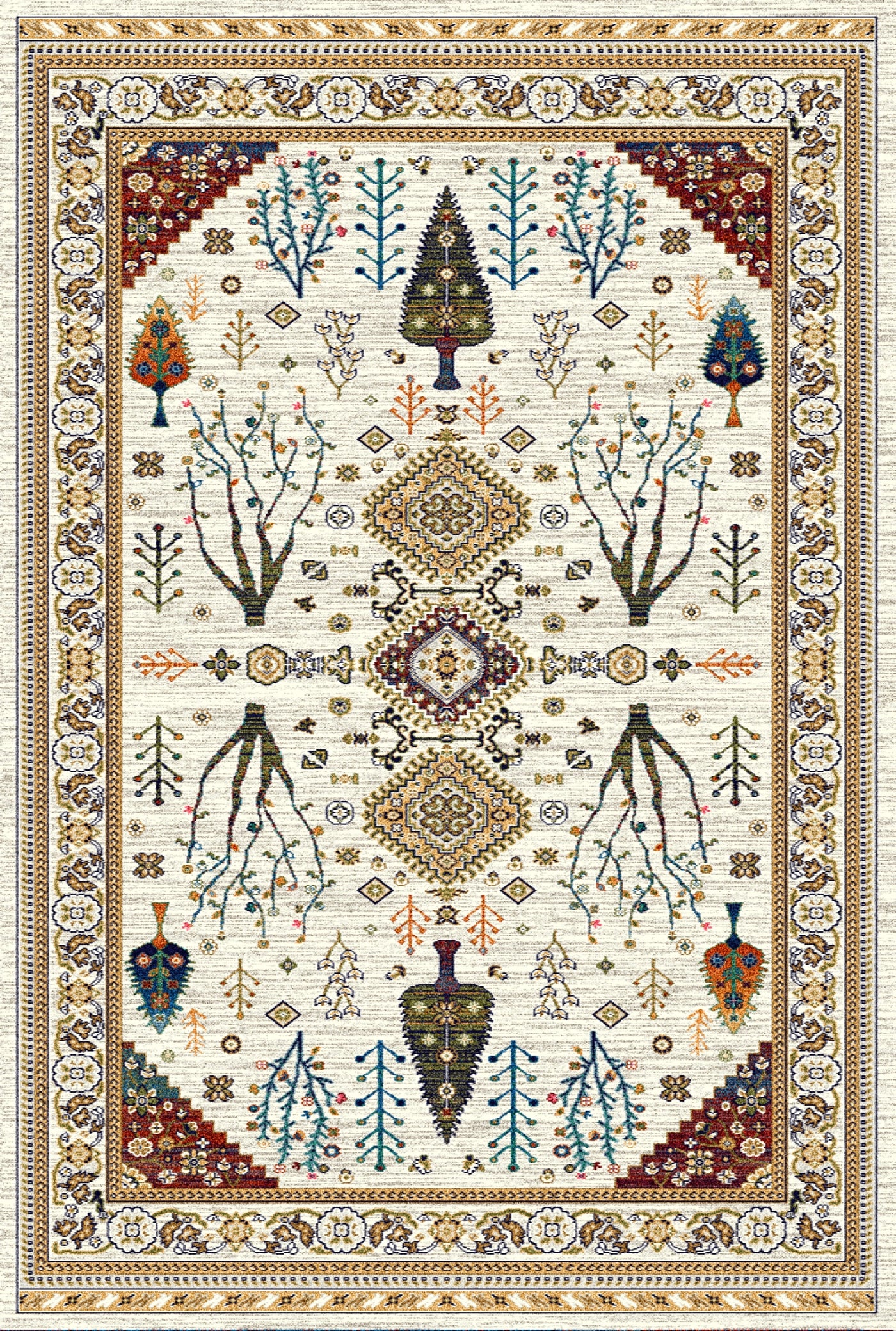 Traditional wool carpet featuring nature-inspired motifs with trees, flowers, and intricate patterns in soft beige, blue, and gold tones, framed with an elegant floral border