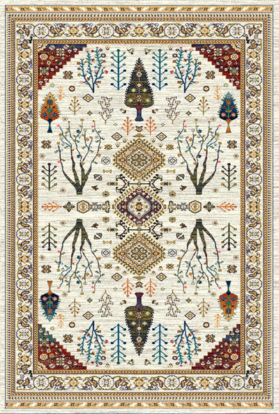 Traditional wool carpet featuring nature-inspired motifs with trees, flowers, and intricate patterns in soft beige, blue, and gold tones, framed with an elegant floral border