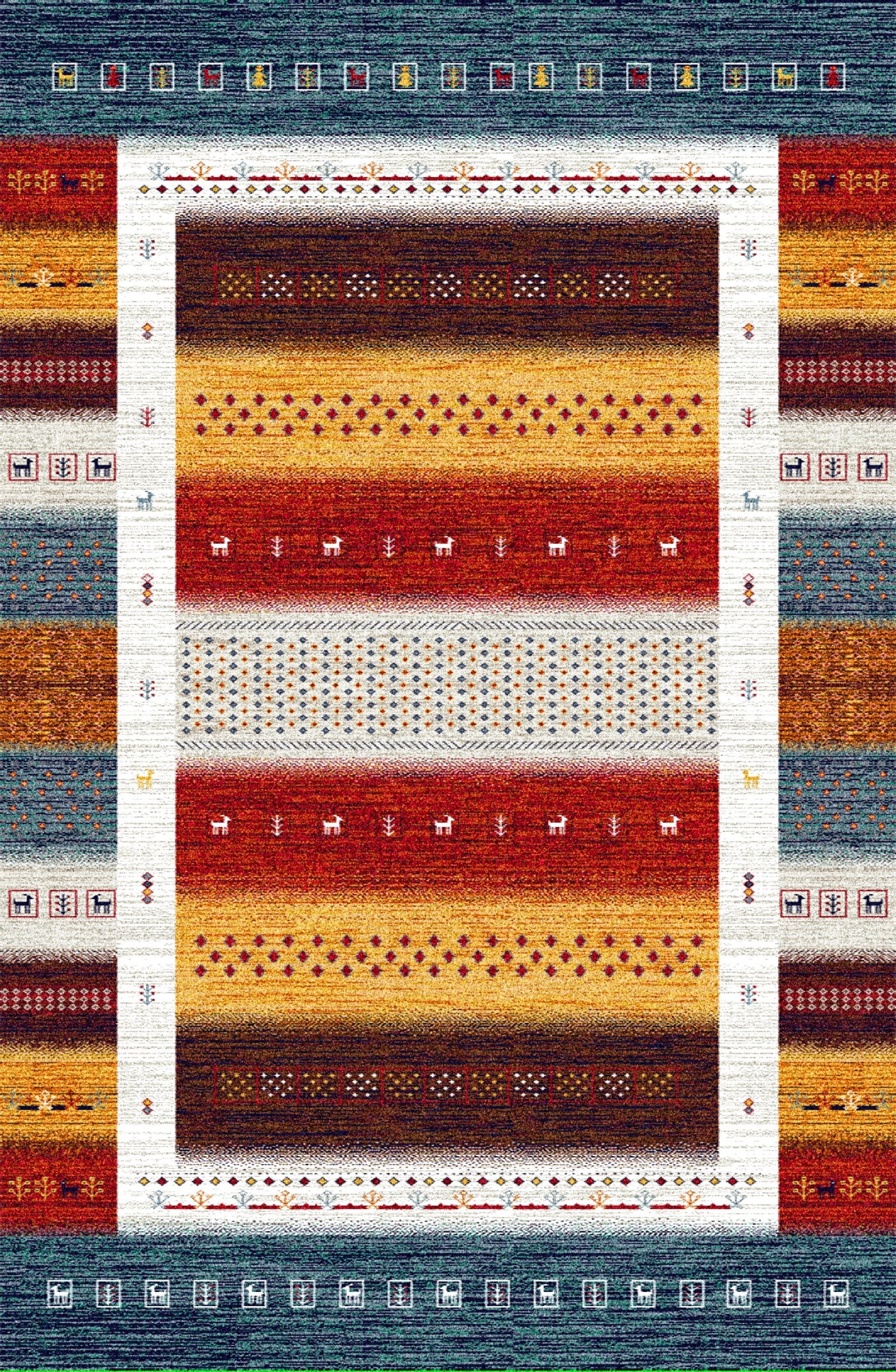 Traditional wool carpet featuring vibrant geometric patterns and tribal motifs in earthy red, yellow, blue, and white tones, perfect for rustic or bohemian interiors