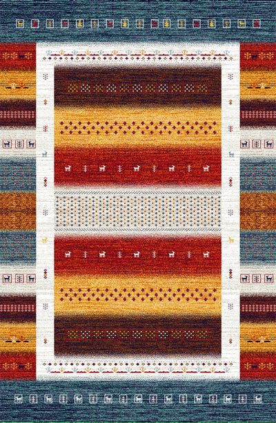 Traditional wool carpet featuring vibrant geometric patterns and tribal motifs in earthy red, yellow, blue, and white tones, perfect for rustic or bohemian interiors