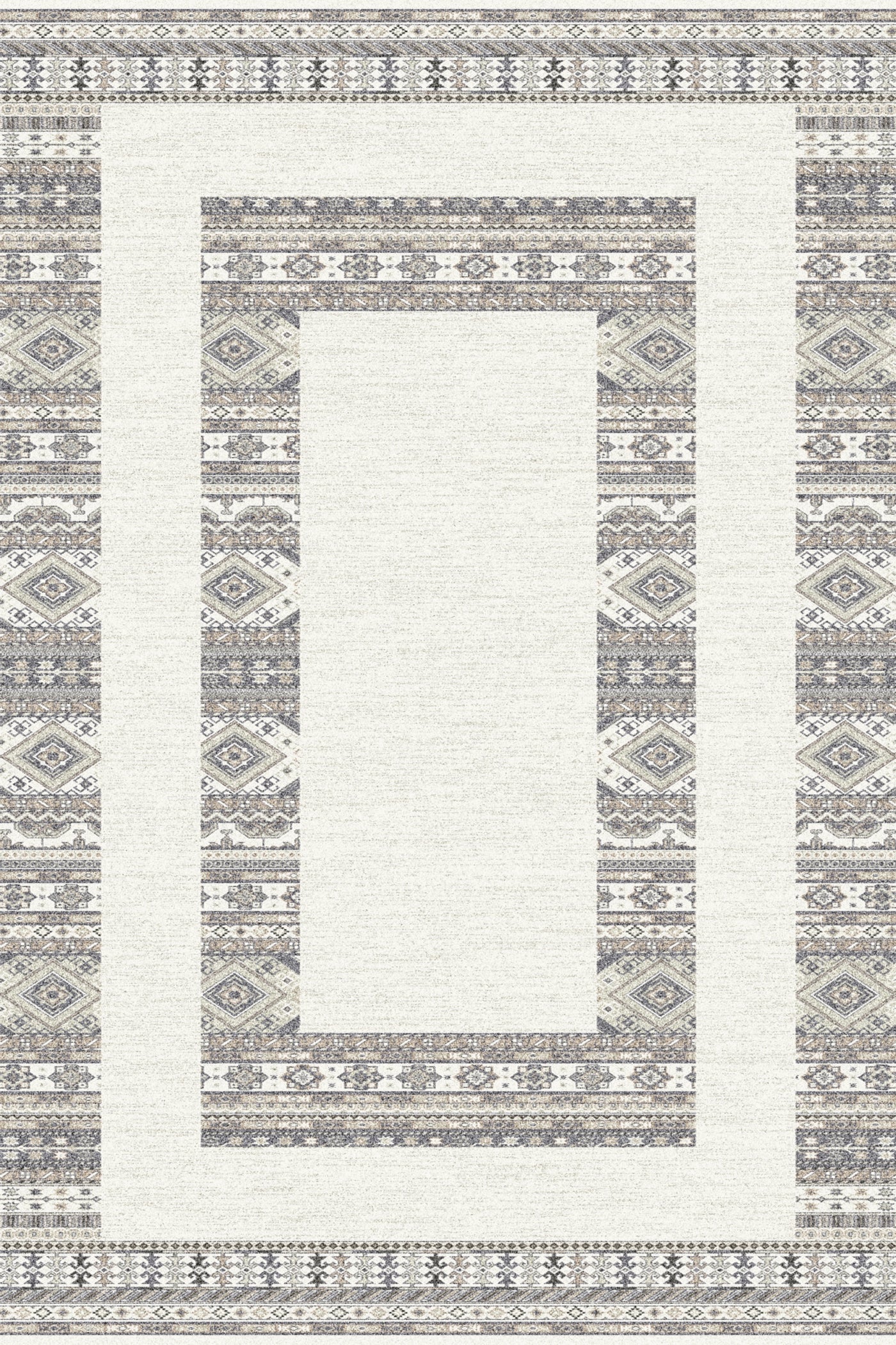 A carpet featuring a detailed geometric pattern in shades of grey, beige, and white, with repeating diamond and linear motifs.