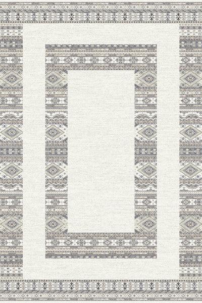 A carpet featuring a detailed geometric pattern in shades of grey, beige, and white, with repeating diamond and linear motifs.