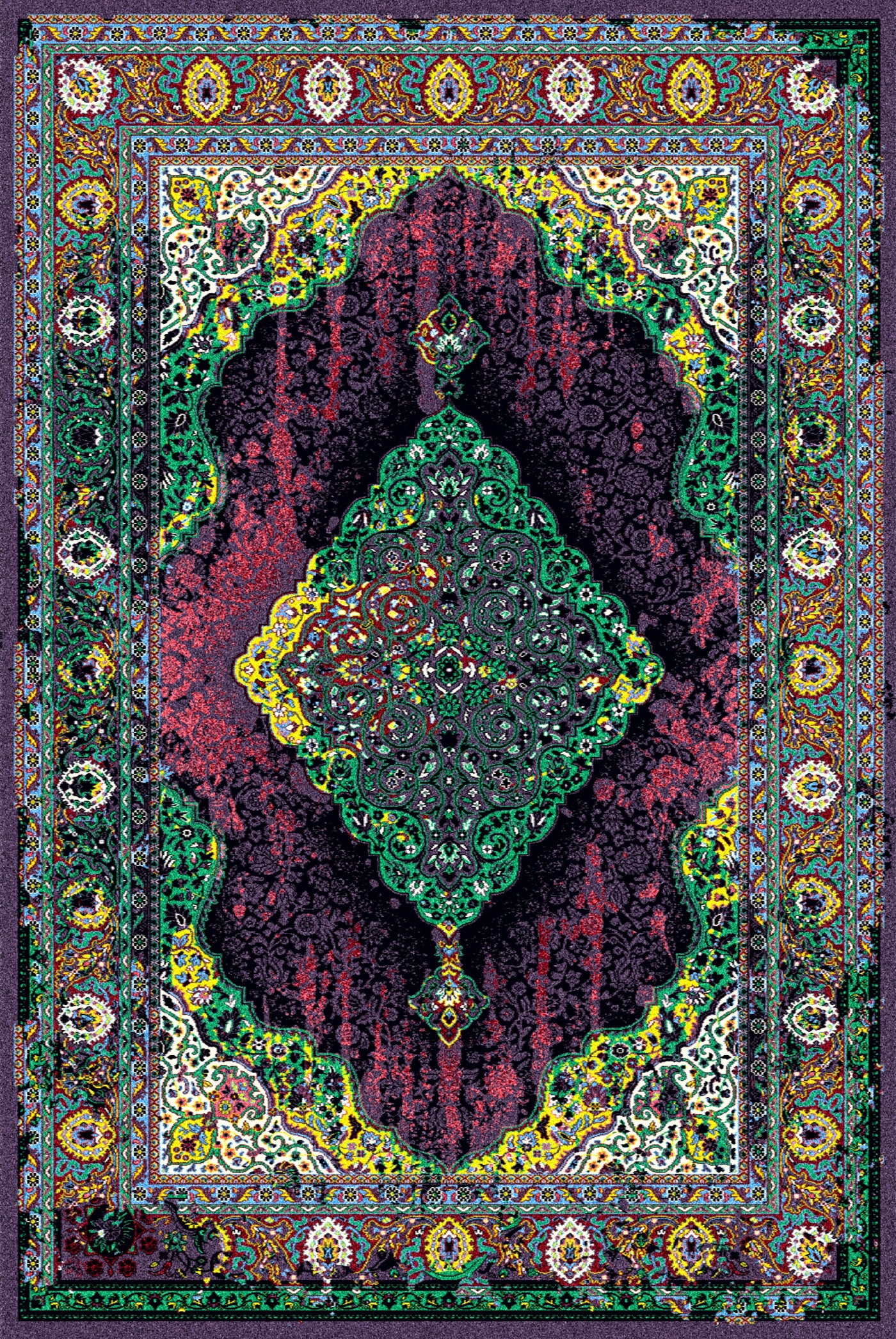 Traditional wool carpet with a vibrant Persian-inspired design featuring intricate floral and geometric patterns in rich wine red, yellow, and green tones