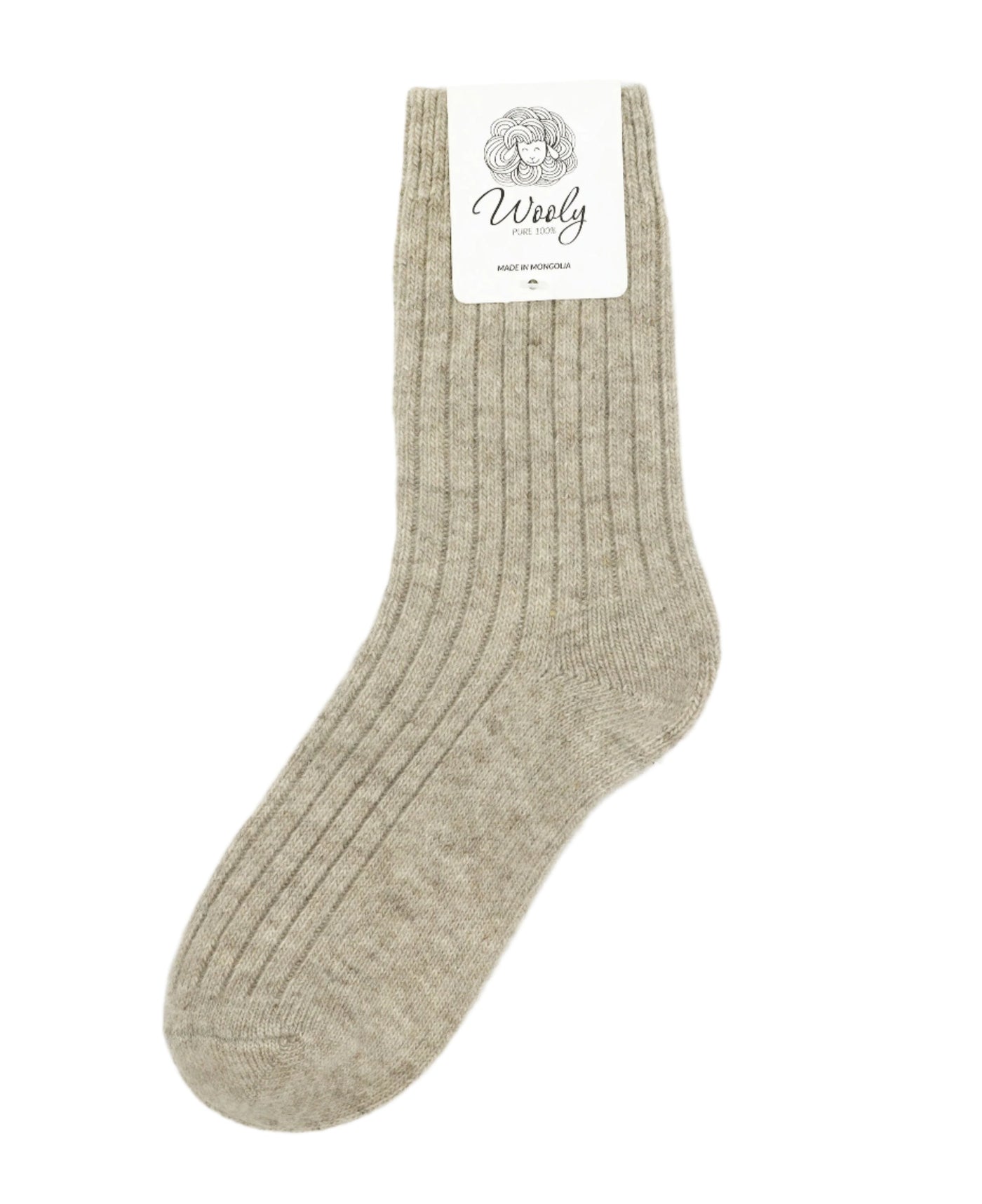 Natural wool socks in beige, ribbed texture, made from 100% Mongolian wool